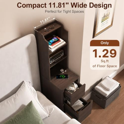 Tall Narrow Nightstand with Bookshelf, 47" Side Table with Charging Station | Tall Free Standing Wooden Night stand with 2 Drawers and 4 Open-Shelves, Modern End Bedside Table for Bedroom, Brown - color: Brown, size: Tall (2 drawer)