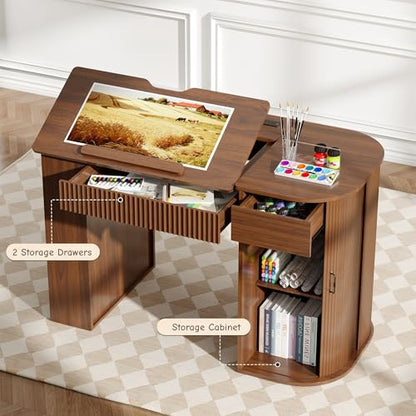 Drafting Table with Storage Cabinet & Drawers, Adjustable Drawing Table with Open Shelves, Crafting Table Art Desk for Home Office, Reading, Writing, Crafting, Painting - color: Walnut