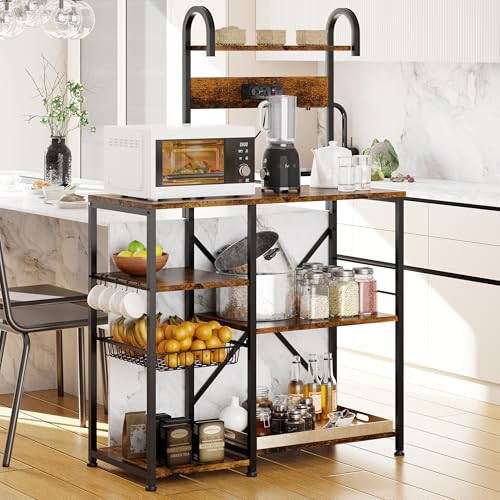 Shintenchi Kitchen Bakers Rack with Power Outlet, Multifunctional Organizer & Storage with 6 Hooks, Microwave Oven Stand, and Coffee Station Shelf, Vintage Brown - color: Rustic Brown