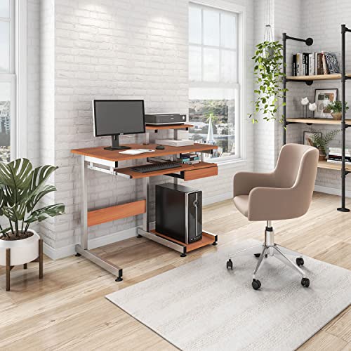 Techni Mobili 38"W Desk with Printer/Keyboard Tray & CPU Platform, Cherry | Compact workstation, home office computer desk, CPU storage, pull-out keyboard tray, small space furniture