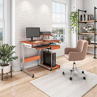 Techni Mobili 38"W Desk with Printer/Keyboard Tray & CPU Platform, Cherry | Compact workstation, home office computer desk, CPU storage, pull-out keyboard tray, small space furniture