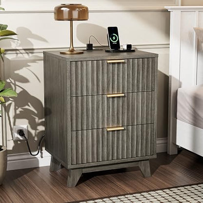 VINGLI Gray Nightstand with Charging Station, Fluted Nightstand 3 Drawers Grey Night Stand for Bedroom, Fluted Grey Bedside Table/End Table/Side Table, 17.72" W*13.78" D*23.62" H, 1 pc - color: Grey, size: 17.7"W-3 Drawer