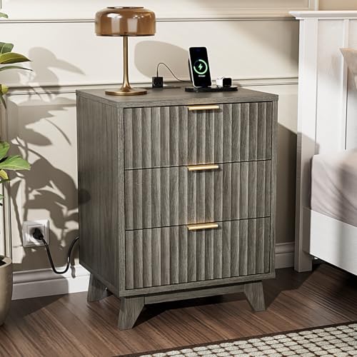 VINGLI Gray Nightstand with Charging Station, Fluted Nightstand 3 Drawers Grey Night Stand for Bedroom, Fluted Grey Bedside Table/End Table/Side Table, 17.72" W*13.78" D*23.62" H, 1 pc - color: Grey, size: 17.7"W-3 Drawer