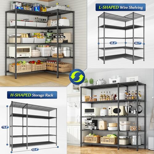 Romorgniz Storage Shelves, 1200 Load Heavy-Duty & L-Shaped, for Kitchen | 5 Tier shelf 52.36" W,Waterproof & rust-resistant,flexible L/H shaped,Tool-free Assembly, Adjustable shelves,Pantry shelf - size: 13.78"D x 52.36"W x 70.8"H
