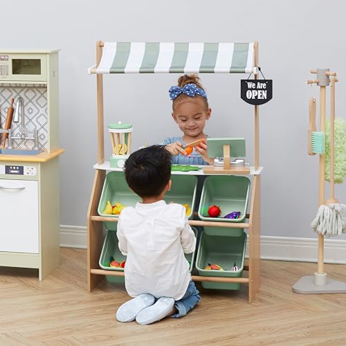 Teamson Kids Little Helper Wooden Farmer's Market Stand with Pretend Cash Register and 6 Plastic Storage Bins, Green, TD-13638A-AMZ | Pretend Grocery Store Playset, Cash Register Toy, 6 Storage Bins, Awning, Ages 3+ - style: Market Stand w/ Storage