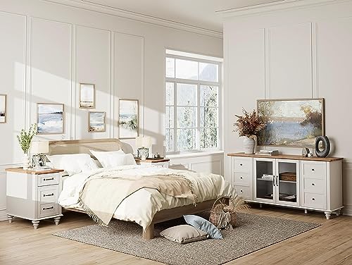 WAMPAT White End Table with Charging Station, Wood Side Table with 1 Drawer &1 Storage Cabinet, Mid Century Modern Nightstand with Power Outlets & USB Ports for Living Room, Bedroom - color: Off White