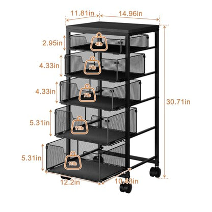 Kitchen Storage Cart with Drawer, 5-Tier Fruit Vegetable Storage Cart, Kitchen Organizer and Storage Cart with Wheels, Wooden Top Metal Wire Pantry Storage Cart rack for Fruit Snack Onion Potato - size: 5-Tier Black