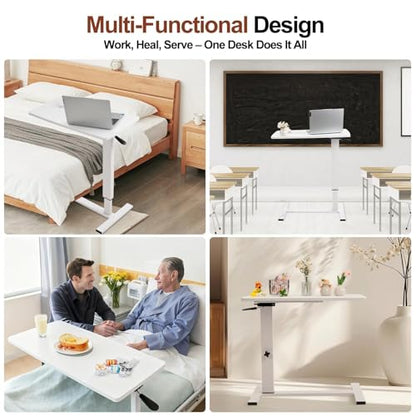 Overbed Bedside Table with Wheels, Adjustable Pneumatic Mobile Standing Desk, Laptop Table Rolling Bed Desk Foldable for Hospital & Home (32" W x 16" D, White) - size: 27“-38”