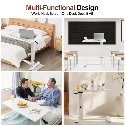 Overbed Bedside Table with Wheels, Adjustable Pneumatic Mobile Standing Desk, Laptop Table Rolling Bed Desk Foldable for Hospital & Home (32" W x 16" D, White) - size: 27“-38”
