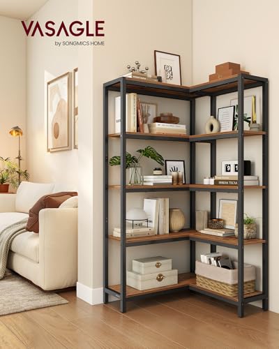 VASAGLE 5 Tier Bookshelf with Metal Frame, Convertible Industrial Corner Shelf, 9.4 x 40.2 x 55.9 Inches, for Living Room, Bedroom, Home Office, Rustic Brown and Ink Black ULLS605KD01 - size: 5 Tiers (40.2"W)