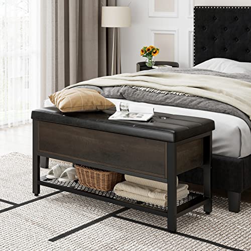 HOSTACK 40" W Storage Bench, Entryway Shoe Bench with Cushion, Dark Brown | Wood Metal Bench with Flip-Open Hidden Storage, Ottoman Bench with Padded Seat & Shoe Rack for Hallway, Bedroom, Living Room - color: Dark Brown