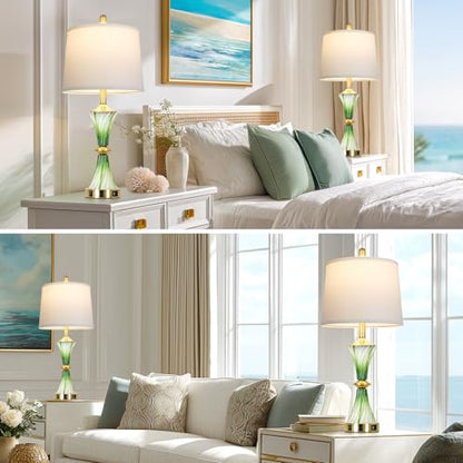 Rinweey Green Glass Table Lamp Set of 2 with USB C+A Ports & AC Outlet, Bedside Lamp, Modern Bedroom Lamps, Coastal Lamp for Night Stands Bedroom Living Room,Nightstand Lamp LED Bulbs Included - color: Green