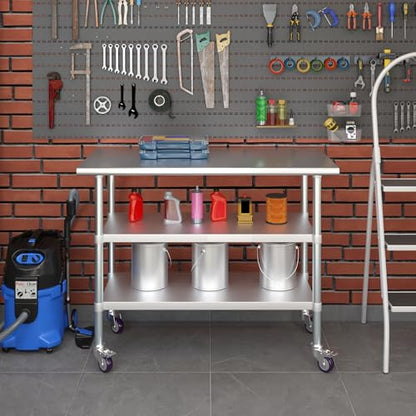 AmGood Stainless Steel Work Table with 2 Shelves and Casters | Metal Utility Table On Wheels (Stainless Steel Work Table with 2 Shelves + Casters, 48" Long x 24" Deep) - size: 48" Long x 24" Deep