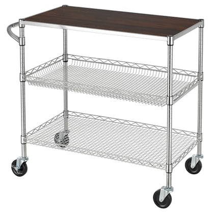 Finnhomy 3 Tier Heavy Duty Commercial Grade Utility Cart with Wood Top, Wire Rolling Cart with Wheels and Handle Bar, Kitchen Carts on Wheels, 18x36x35.4 H Metal Cart with 600 LBS Capacity, Chrome - style: 36“L Chrome