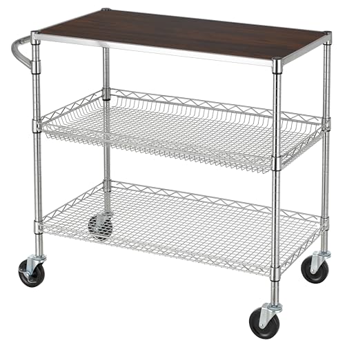 Finnhomy 3 Tier Heavy Duty Commercial Grade Utility Cart with Wood Top, Wire Rolling Cart with Wheels and Handle Bar, Kitchen Carts on Wheels, 18x36x35.4 H Metal Cart with 600 LBS Capacity, Chrome - style: 36“L Chrome