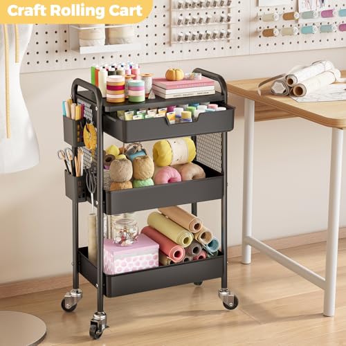 KINGBOARD 3 Tier Metal Rolling Cart with Drawer, Black Utility Storage Cart | 2 Cups & 4 Hooks, Lockable Wheels, Trolley Organizer for Bathroom, Kitchen, Office, Nursery, Dorm, Laundry, Craft Room