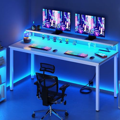Need 60 inch Computer Desk with LED Lights & Power Outlets, Large Home Desk with Monitor Shelf, Writing Table Gaming Desk Home Office Desk, White - color: White, size: 60 inches