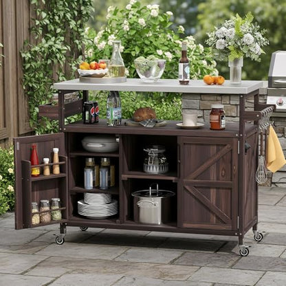 Merax 50" Outdoor Kitchen Grill Cart Island on Wheels with Stainless Steel Top,Farmhouse Style Solid Wood Frame Storage Cabinet for Backyard - color: Dark Brown