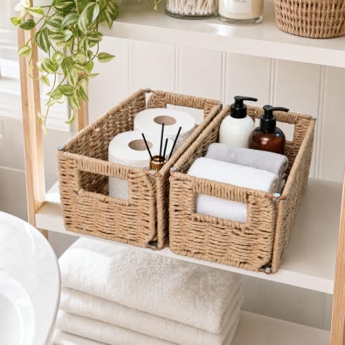 2-Pack Paper Rope Wicker Toilet Paper Baskets, 11.2x6x4.8in, Natural Brown | Narrow woven foldable storage baskets for shelves, countertops and toilet tank tops; rectangular organizer bins for bathrooms