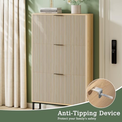 Shoe Cabinet Storage with 3 Flip Drawers, Shoe Organizer Cabinet for Entryway, Modern Freestanding Hidden Shoe Rack Organizer Shoe Cupboard for Hallway, Natural Wood - size: 3 Flip Drawers