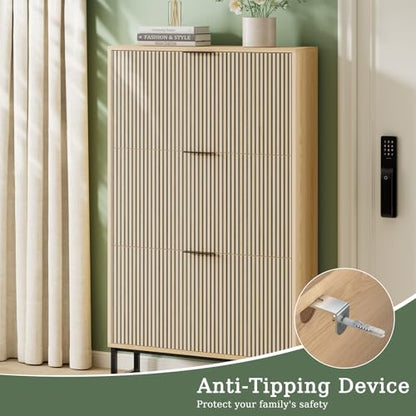 Shoe Cabinet Storage with 3 Flip Drawers, Shoe Organizer Cabinet for Entryway, Modern Freestanding Hidden Shoe Rack Organizer Shoe Cupboard for Hallway, Natural Wood - size: 3 Flip Drawers
