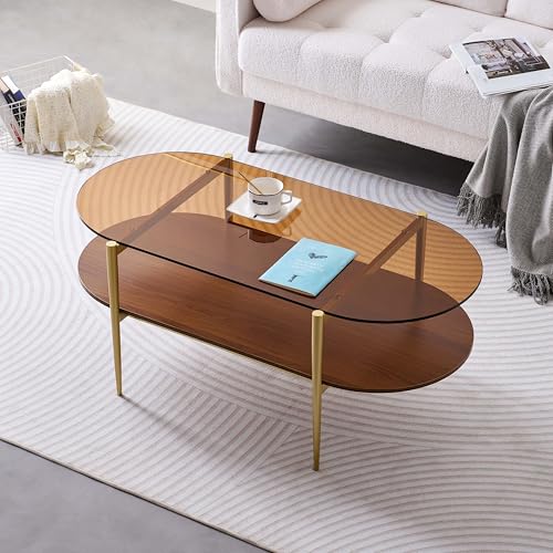 LumFurn Oval Glass Coffee Table, Mid-Century Modern Design, L41 x W21 x H17 inch, for Living Room, 2-Tier Structure, Amber Glass Top and Walnut Finish Wood Shelf, Conical Legs with Gold Finish Frame - color: Amber & Walnut, size: L41" Oval Coffee Table