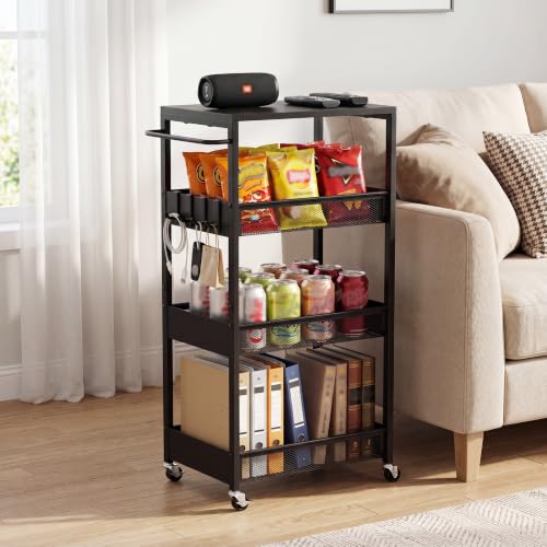 Rolling Utility Cart, 4 Tier Metal Storage Cart with Handle and Wood Top, Multifunctional Mobile Shelf Unit Organizer Trolley for Laundry, Bathroom, Kitchen - color: All Black, size: 11.8" wide