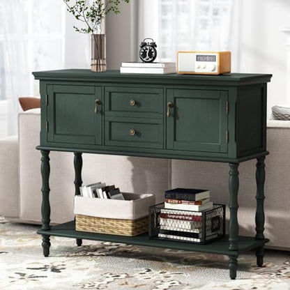 ARTPOWER Console Table with 2 Drawers, Retro Entryway Table with 2 Door Cabinets and Open Storage Shelf, Narrow Long Behind Couch Sofa Table for Living Room, Foyer, Hallway, Green - color: Green