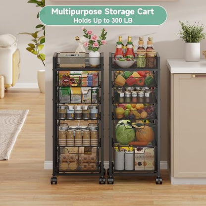 keomaisyto 6-Tier Kitchen Storage Cart with Top Basket & Drawers, Utility Fruit Vegetable Storage Rack on Lockable Wheels, Metal Rolling Snack Cart, Kitchen Organization for Potatoe Onion Can Spice - size: 6-Tier