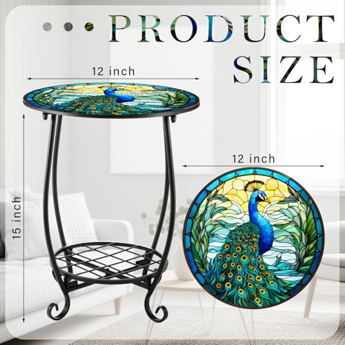 Cinnvoice Outdoor Side Table Round Small Mosaic Patio Accent Indoor End Plant Coffee Tea Table for Yard Patio Porch Garden Living Room, Bedroom(Peacock Style,12 Inch) - size: 12 Inch, style: Peacock Style