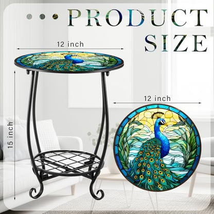 Cinnvoice Outdoor Side Table Round Small Mosaic Patio Accent Indoor End Plant Coffee Tea Table for Yard Patio Porch Garden Living Room, Bedroom(Peacock Style,12 Inch) - size: 12 Inch, style: Peacock Style