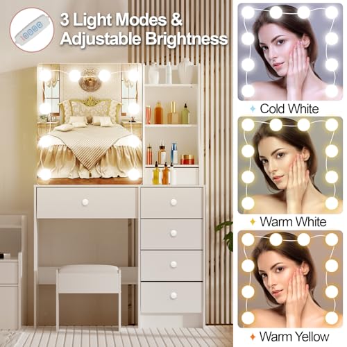 Makeup Vanity with Sliding Mirror and LED Lights, 3 Adjustable Modes Vanity Desk with 6 Storage Drawers & 3 Open Shelves, Dressing Table with Stool with Bedroom, White - size: Small-32'' Wide