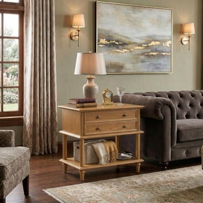 HULALA HOME Farmhouse Nightstand with Drawer & Open Shelf, Natural Wood End Table with Solid Wood Legs, 28.4'' Wide Sofa Side Table with Charging Station(Oak) - color: Oak