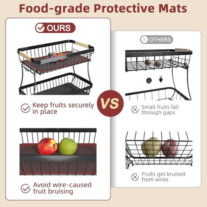 Sevenblue 2-Tier Fruit Basket with Banana Hangers, Detachable Metal Bowl | Wooden handle, protective mats included. Versatile holder for bread, snacks, and veggies. 2-Pack 2 tier metal design. - color: Black, size: 2-Pack