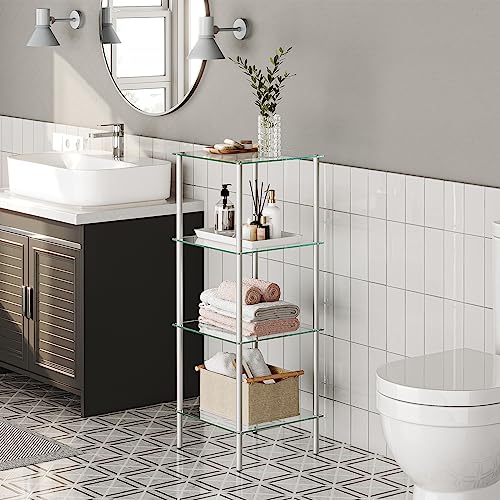HOOBRO Glass Shelf, 4 Tier Bathroom Standing Shelf Unit, Tempered Glass Shelving Stand for Small Space, Perfume Stand Organizer, Space-Saving, for Bathroom, Bedroom, Steel Frame, Silver SV04CJ01 - size: 15" L x 11.8" W x 41.3" H