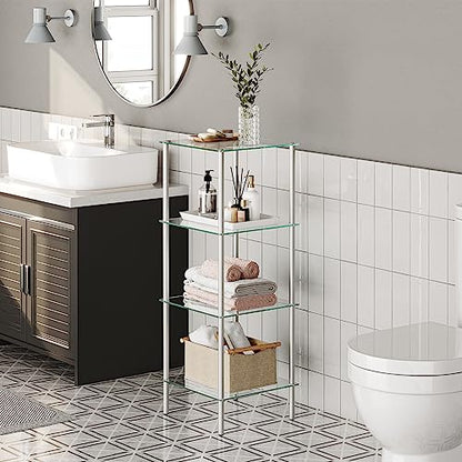 HOOBRO Glass Shelf, 4 Tier Bathroom Standing Shelf Unit, Tempered Glass Shelving Stand for Small Space, Perfume Stand Organizer, Space-Saving, for Bathroom, Bedroom, Steel Frame, Silver SV04CJ01 - size: 15" L x 11.8" W x 41.3" H