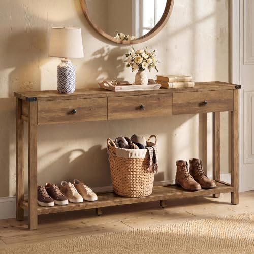 VASAGLE LIRY Collection Narrow Console Table with 3 Drawers, Brown | Long Sofa Table with Storage Shelf, 9.4 x 63 x 29.9 Inch, Farmhouse Style, Easy Assembly, ULNT148K101 - color: Honey Brown, size: 9.4"D x 63"W x 29.9"H