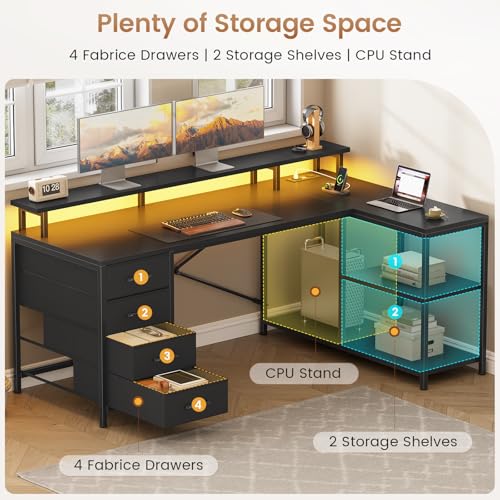 SEDETA L Shaped Gaming Desk with 4 Drawers, Shelves, Power Outlets, Black | L Shaped Desk with LED Lights , Computer Desk with Shelves & Drawer, Corner Desk Home Office Desk - color: Black