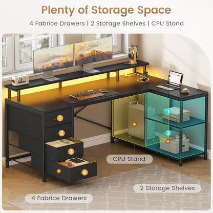 SEDETA L Shaped Gaming Desk with 4 Drawers, Shelves, Power Outlets, Black | L Shaped Desk with LED Lights , Computer Desk with Shelves & Drawer, Corner Desk Home Office Desk - color: Black