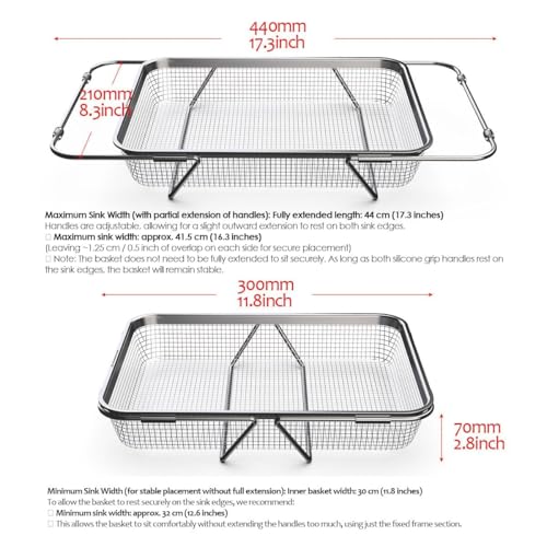 WAGENSTEIGER Extendable Dish Rack with Feet, Vegetable Colander Basket, Stainless Steel Dish or Silverware Drying Rack, Ultimate Kitchen Organizer Over the Sink (11.81 x 8.27 x 2.76 Inches) - size: 11.81 x 8.27 x 2.76 Inches