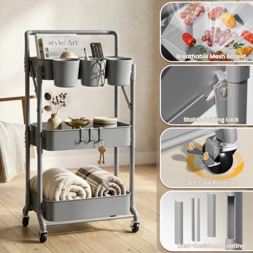 Foldable 3 Tier Metal Utility Rolling Cart, Folding Mobile Multi-Function Storage Trolley Organizer Cart for Home Library Office(Grey) - color: Gray