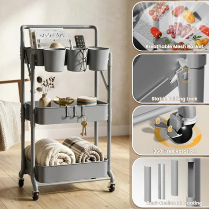 Foldable 3 Tier Metal Utility Rolling Cart, Folding Mobile Multi-Function Storage Trolley Organizer Cart for Home Library Office(Grey) - color: Gray