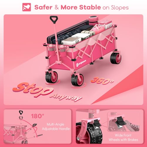 Originsure 300L Collapsible Beach Wagon Cart with Big Wheels, 560lbs, Pink | 48" Foldable Utility Wagon,7" All-Terrain Wheels,Heavy Duty Frame,Compact&Space-Saving,for Camping,Sports,Grocery,Garden - color: Pink
