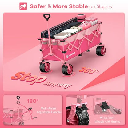 Originsure 300L Collapsible Beach Wagon Cart with Big Wheels, 560lbs, Pink | 48" Foldable Utility Wagon,7" All-Terrain Wheels,Heavy Duty Frame,Compact&Space-Saving,for Camping,Sports,Grocery,Garden - color: Pink