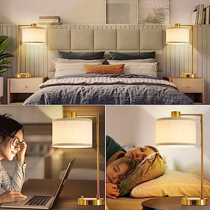 Luvkczc Table Lamp for Bedroom Set of 2 with USB C+A Ports, Fully Stepless Dimmable Bedside Lamp with Linen Lampshade, Nightstand Lamp for Living Room Reading Office, 2 LED Bulbs Included (Gold) - color: Gold