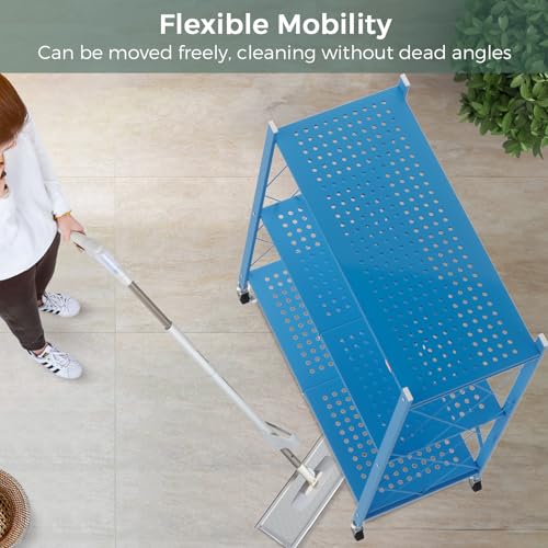 DEANIC 3 Tier Foldable Storage Shelves with Wheels, Kitchen Appliance Stand, Freestanding Metal Wire Shelf Rack, No Assembly Organizer Rolling Cart for Garage, Basement, Pantry(Blue Pack of 2) - color: Blue
