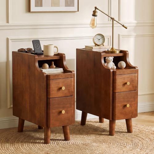 Nightstand with Drawers Set 2, Pre-Assembled, 19.7" H Natural Solid Wood Night Stand with Open Sliding Shelf, Mid Century Modern Small Bedside Table Cabinet for Bedroom, Walnut 8" - color: Walnut-2pack, size: 8"