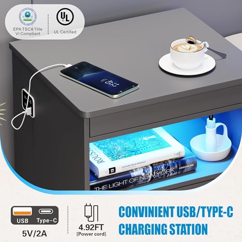 LED Night Stand with Gun Drawer, Bedside Table with Charger Station & Human Sensor Light, Modern End Table with Drawers for Bedroom Office, Grey - color: Dark Grey