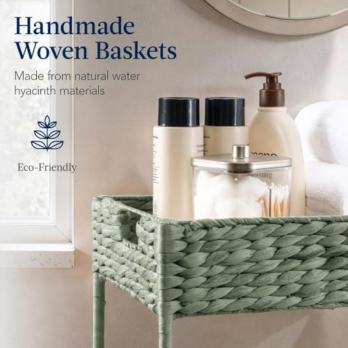 Best Choice Products 3-Tier Water Hyacinth Rolling Nursery Caddy w/Wheels, Utility Cart, Storage Organization for Bathroom, Craft Room, Laundry Room - Sage - color: Sage