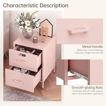 Steehoom Metal Nightstand with Lock, 2 Drawer End Side Table, Lockable Storage Cabinet Kids Cabinet for Living Room, Bedroom, Dorm, 21.26”H X 15.75”W X 15.75”D (2 Drawer, Pink) - color: Pink, style: 2 Drawer